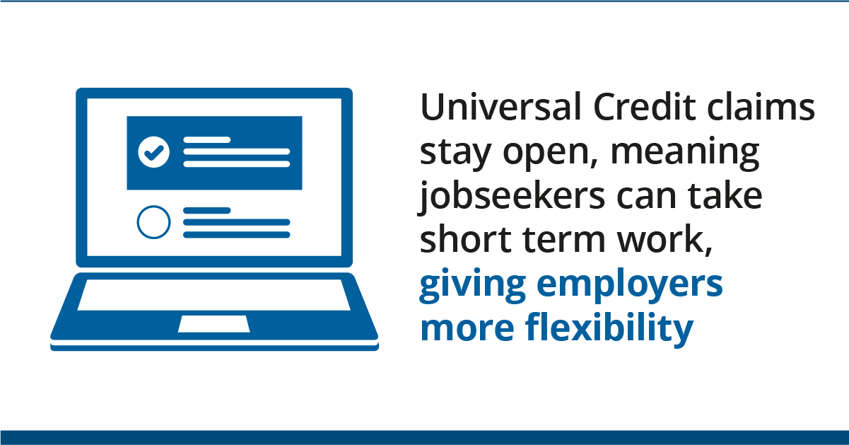 Graphic of computer with text: Universal Credit claims stay open, meaning jobseekers can take short term work, giving employers more flexibility