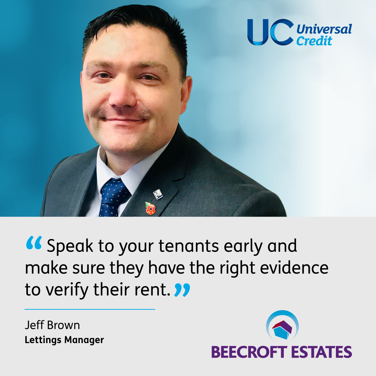 Photo of Jeff Brown of Beecroft Estates. Quote "Speak to your tenants early and make sure they have the right evidence to verify their rent."