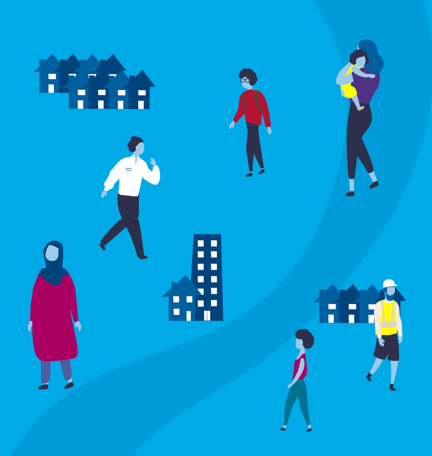 Image showing illustrated figures representing different people who might claim Universal Credit, including a parent with child and somebody in work. Also shows houses and a tower block.
