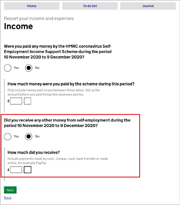 Screenshot from the Universal Credit online account showing the point at which you should report that you received no self-employed income.