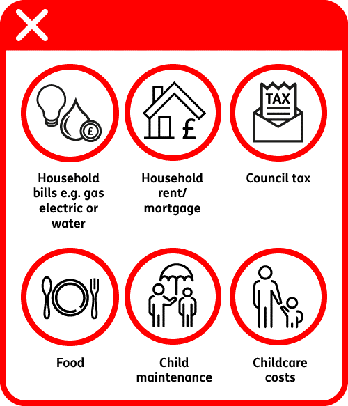 Examples of expenses that are not permitted. Household bills or rent, council tax, food, child maintenance and childcare costs.