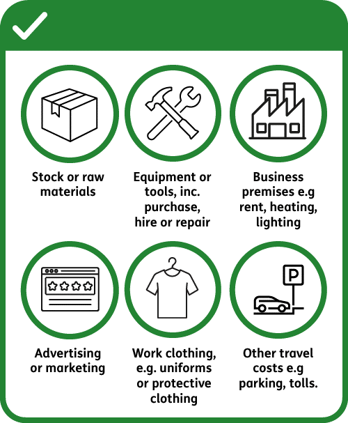 Examples of permitted expenses. Includes stock or raw materials, equipment, business premises, advertising and some travel costs.