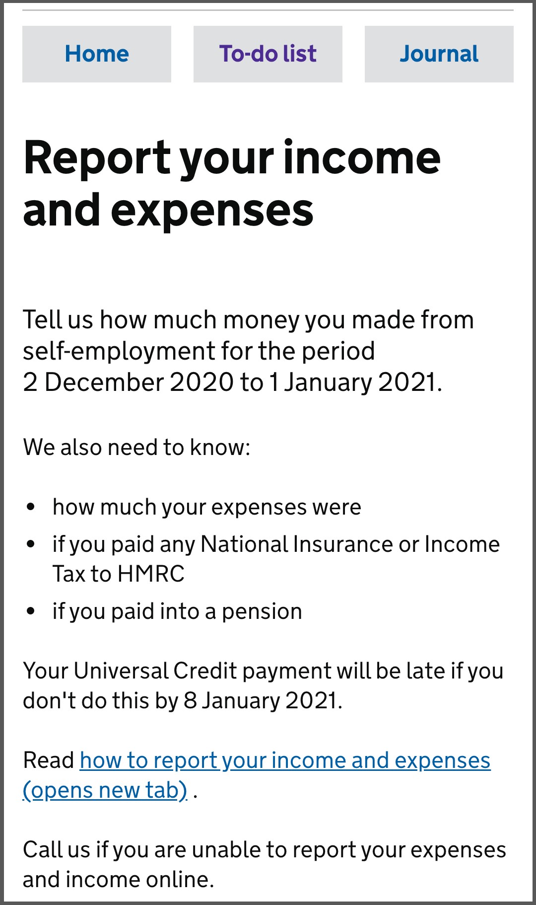 Screenshot from Universal Credit account. Shows the 'report your income and expenses' to-do.