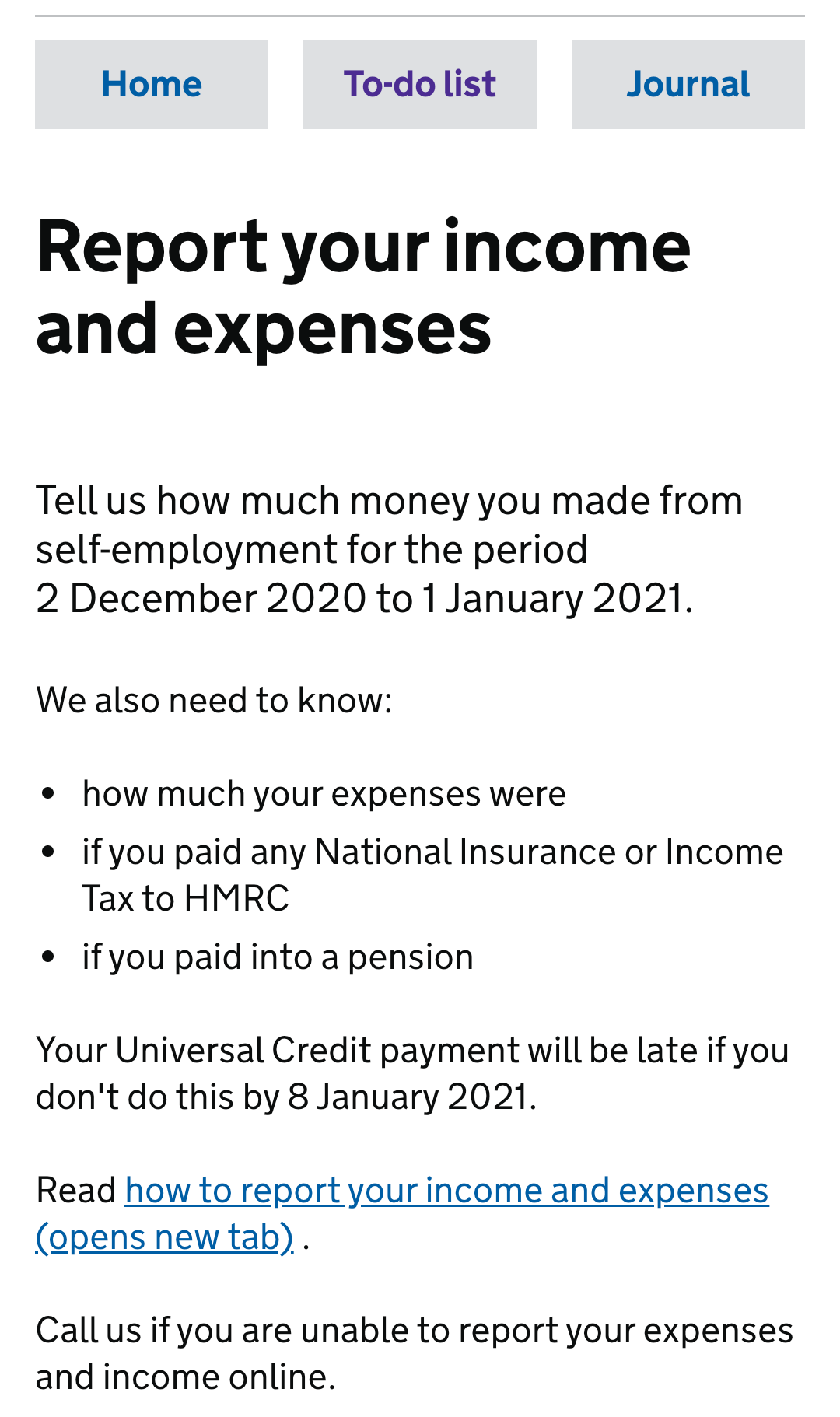Screenshot from Universal Credit account. Shows the 'report your income and expenses' to-do.