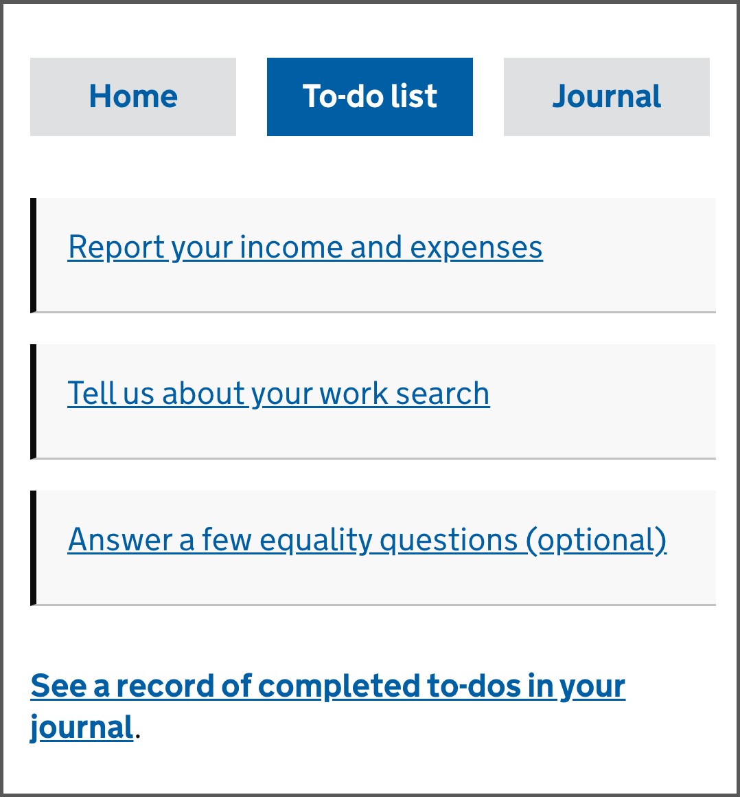 Screenshot of the Universal Credit account. Shows a to-do list including report your income and expenses.